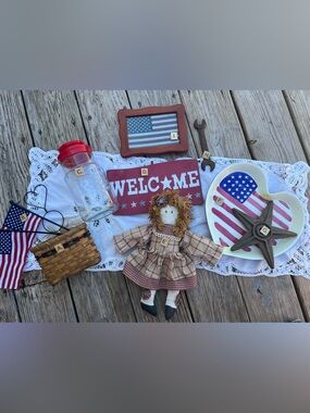 Patriotic Decor Flatlay in Red, White, Blue, Brown farmhouse all items included
